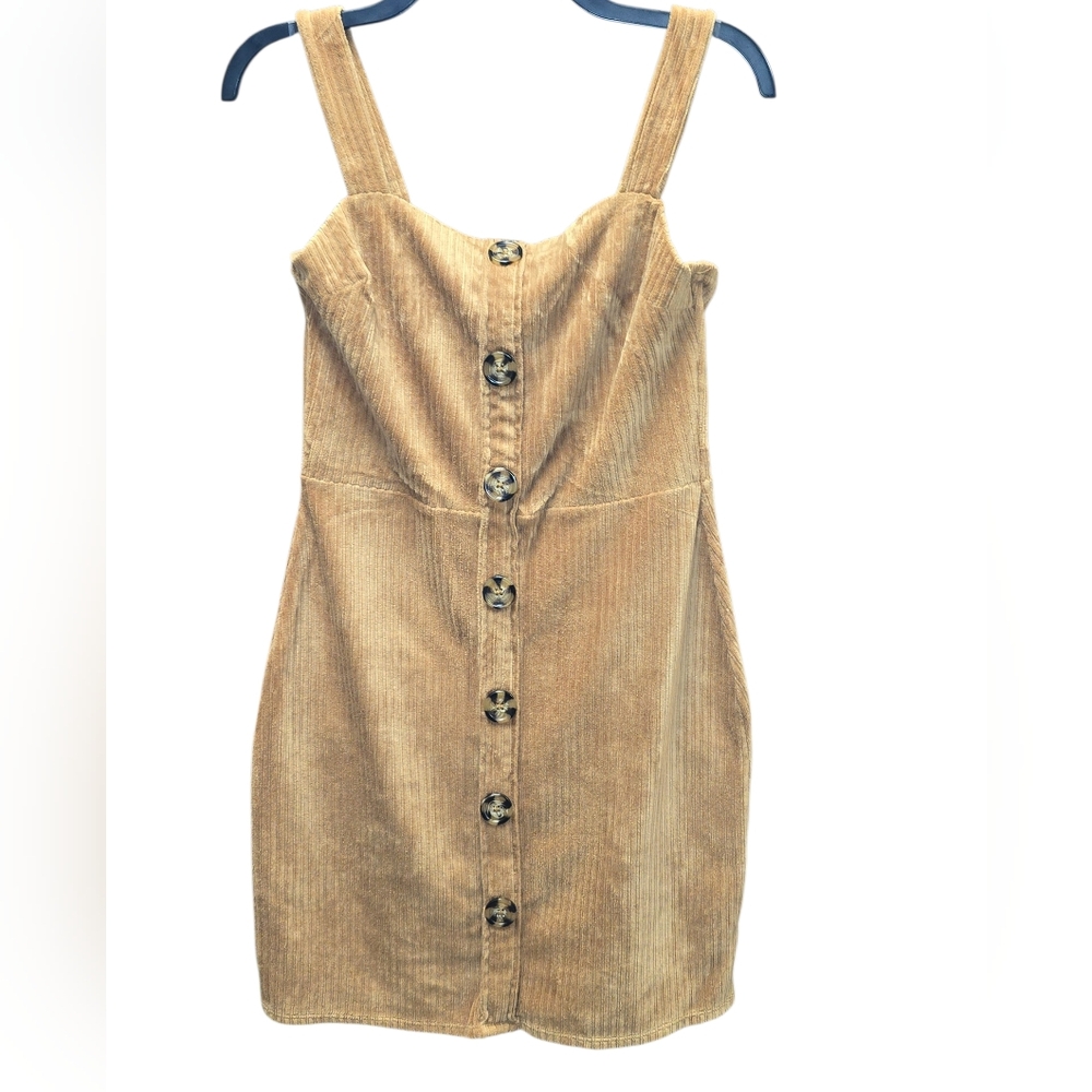 Retro Camel Corduroy Dress - Faux Button Front